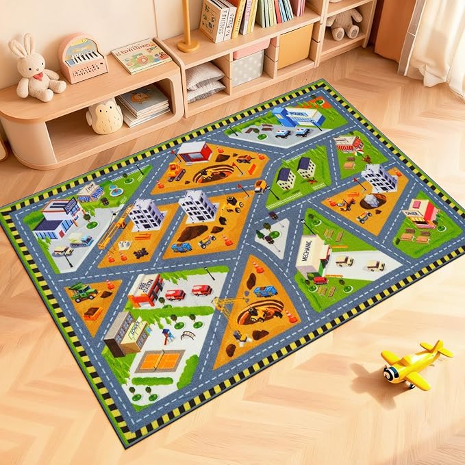 STARUIA Car Rug Play Mat, Non-Slip City Road Map Kids Rugs for Playroom Bedroom Boys Car Mat for Kid Toy Cars, Educational Baby Children Play Rug for Learn and Have Fun, 36"x59"