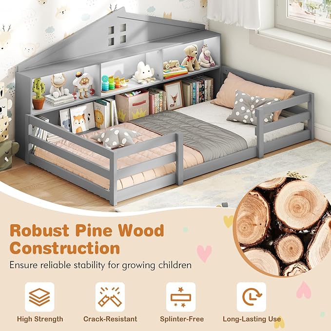 Giantex Twin Size Montessori Floor Bed with LED Lights, 2-in-1 Wooden House Bed Frame with Safety Guardrails, Storage Compartments & Shelf, No Box Spring Needed, Without Slats, Gray