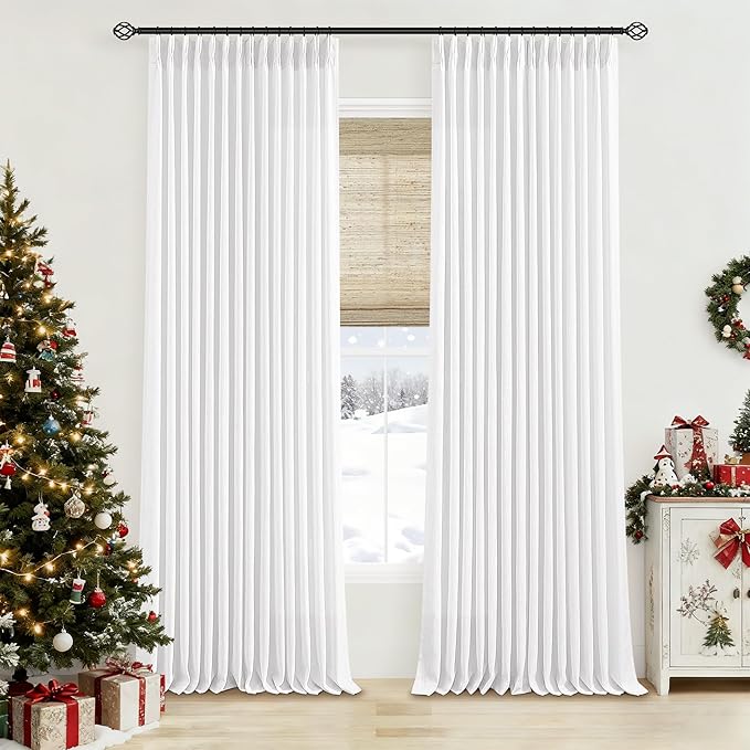 Extra Long Pinch Pleated Linen 120 Inch Curtains 2 Panels Set for Living Room Bedroom Farmhouse Snow White Cotton Linen Blend Back Tab Memory Shape Pinch Pleat Ceiling Floor Window Curtains 10 FT