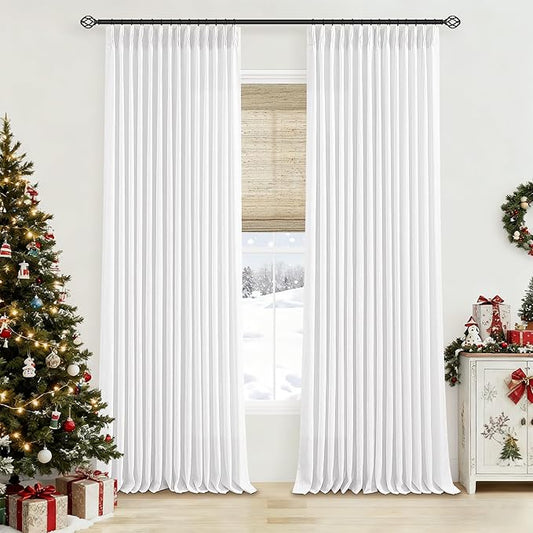100 Inch Linen Pleated Curtains 2 Panels Set for Living Room Bedroom Farmhouse Cotton Linen Blend Back Tab Memory Shape Trained Pinch Pleat Window Curtain Snow White 100 Inch Length for Office Home