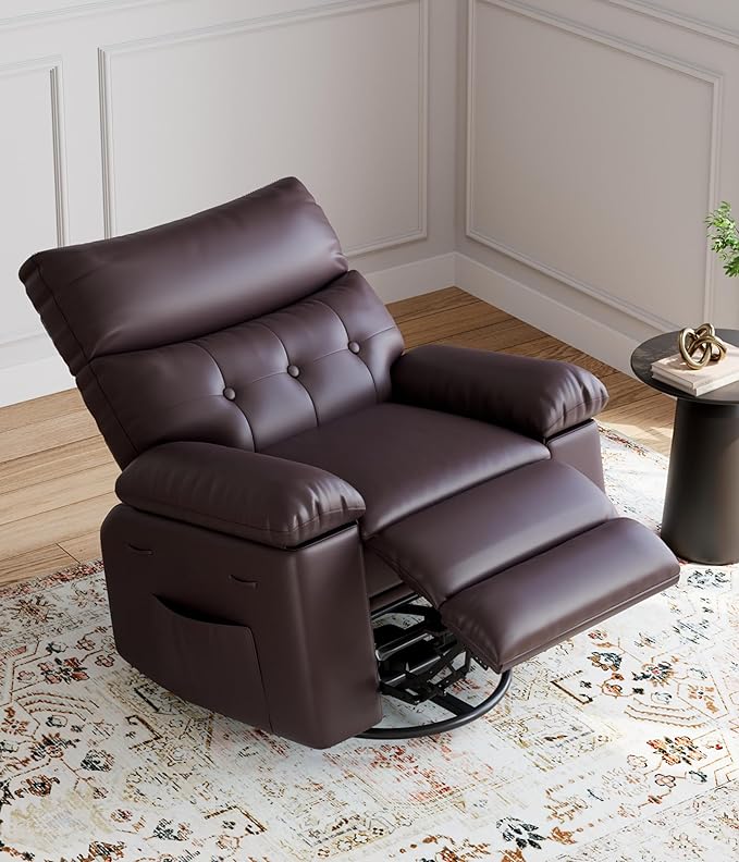 GarveeHome Oversized Wide Rocker Swivel Recliner Chair - PU Leather Manual Recliner for Adults, Large Nursery Chair Lazy Recliner with Comfort Arm and Back for Living Room, Bedroom
