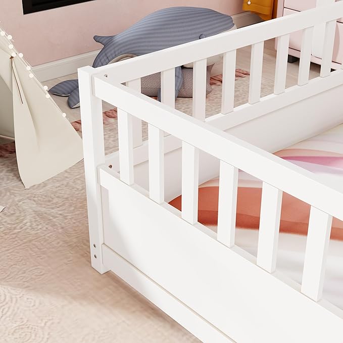 GDFStudio Full Size Floor Bed Frame with Door & Guardrails, Toddler Full Bed Frame for Boys Girls, Low to Floor Wooden Bed Rails for Toddlers, Montessori Floor Bed for Baby, No Support Slat, White