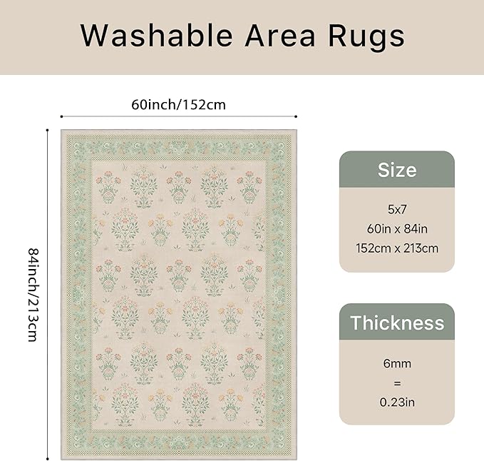 GENIMO Green Floral Area Rug for Living Room, 5x7 Washable Rug Vintage Boho Area Rug with Non-Slip Backing, Soft Green Carpet for Indoor Bedroom, Dining Room,Girls Kids Room and Nursery Room