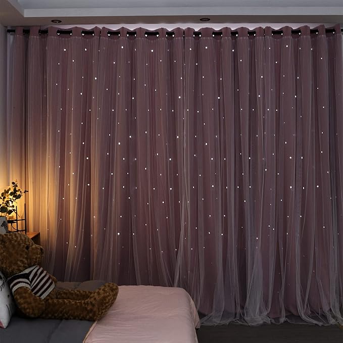 Kinryb Princess Curtains for Girls Bedroom with Sheer Overlay,Double Layer Curtain for Living Room with Star Cutout, Curtains for Kids Room (52 W*72 L Inches,2 Pcs Pink)