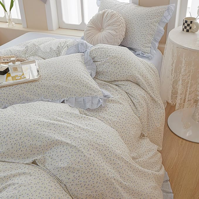 Floral Duvet Cover Queen Size Cute Blue Flower Bedding Cozy Duvet Cover Romantic Ruffle Comforter Cover Cotton Striped Girls Lace Princess Bedding Aesthetic Floral Comforter Cover with 2 Pillowcases