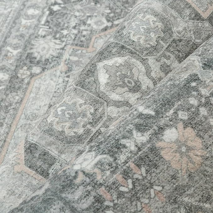 5x7 Grey Washable Vintage Area Rug for Living Room Bedroom Non Slip Distressed Traditional Soft Large Throw Rug Low Pile Lightweight Floral Carpet Office Classroom Dining Laundry Room
