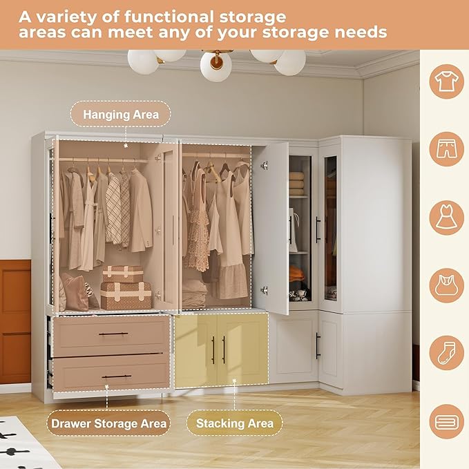White Armoire Wardrobe Closet with 4 Drawer: Glass Door Wood Wardrobe Closet Wooden Combination Corner Cabinet Bedroom Armoire with Hanging Rods for Home/Bedroom/Living Room