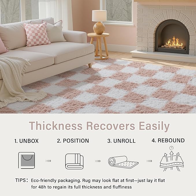 Checkered Rug 9x12 for Living Room, Pink and White Modern Shag Rug Washable Non-Slip Large Area Rug Super Soft Indoor Fuzzy Carpet Fluffy Rugs for Bedroom Home Aesthetic Decor