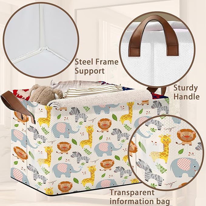 Cute Animal Storage Basket Large 17x11.5x10.5 Inche-Collapsible Fabric Organizer Bin with Handles for Nursery, Kids Room, Toys-Foldable Decorative Hamper with Adorable Animal Print-Single Pack