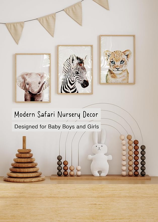 KIU DESIGNS Nursery Wall Art - Unframed Safari Nursery Decor - Set of 4 Animal Wall Decor Gift for Baby - Safari Portrait - 8"x10"