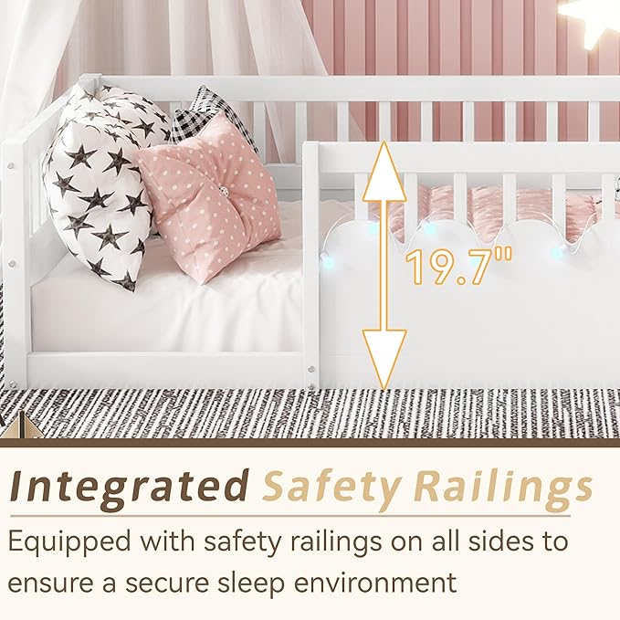 Twin Toddler Floor Bed with High Rails, Wooden Montessori Bed Frame with Light and Storage Shelf, Twin Size Bed Frame for Kids, Boys and Girls, White