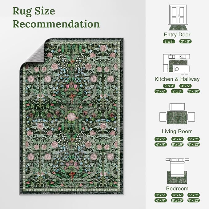 AMTOVO 2x6 Runner Rug for Hallway, Washable Non-Slip Long Kitchen Carpet, Floral Vintage Distressed Floor Mat for Hallways Entryway Living Room Laundry Room Bathroom Farmhouse, Dark Green