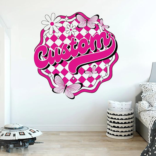 Custom Name Wall Decal Personalized Name With Butterfly and Flowers Pink Coquette Transparent DTF Vinyl Removable Nursery Wall Decal for Kids Room, Living Room, Teen Bedroom, Car, Cute Home Decor Gift