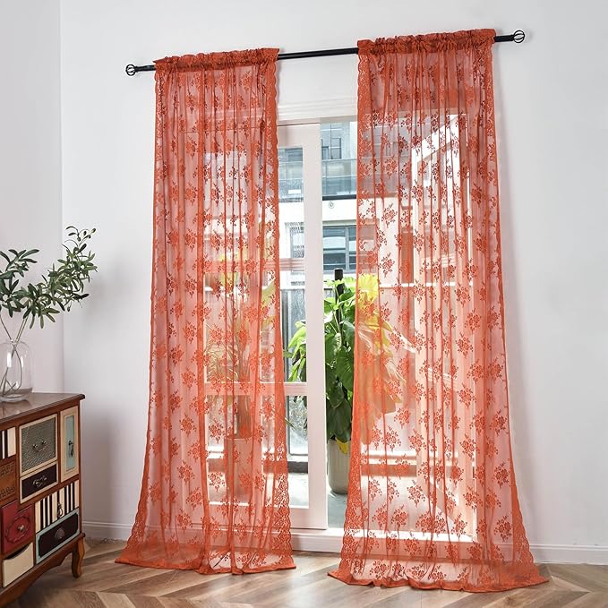 Kotile Extra Long Orange Sheer Curtains, Country Rustic Floral Rust Sheer Curtains 120 Inches Long for Living Room, Rod Pocket Privacy Vintage Lace Curtains, 52 x 120 Inch, 2 Panels, Burnt Orange