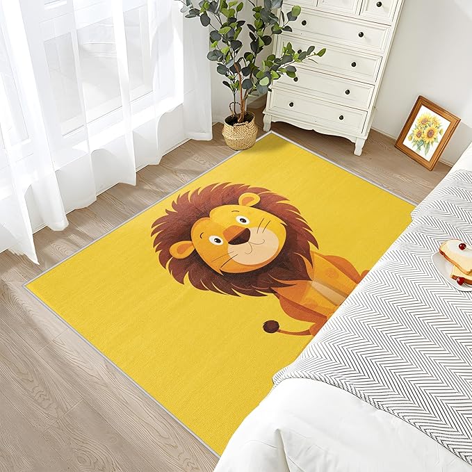 Lion Rug for Nursery - 4x5 Rug - Lion Rug - Cute Cartoon Safari Area Rug - Kids Baby Nursery Rugs - Zoo Animal Yellow Carpet - Home Decor