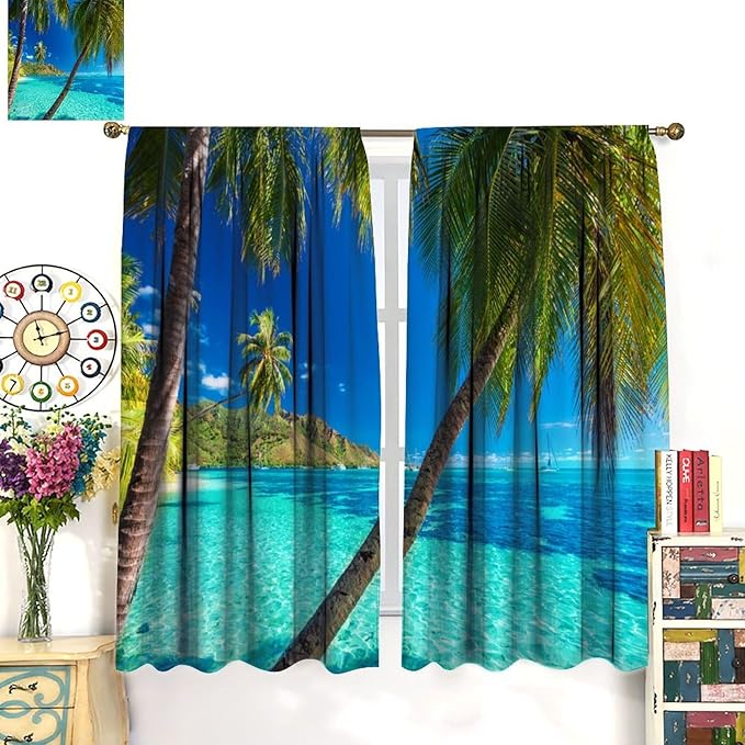 Ocean Beach Curtains,Sunshine and Beach Hawaiian Seaside Scene Pattern Blackout Print Home Bedroom Living Room Window Treatments 2 Panel Set 84x84 Inch