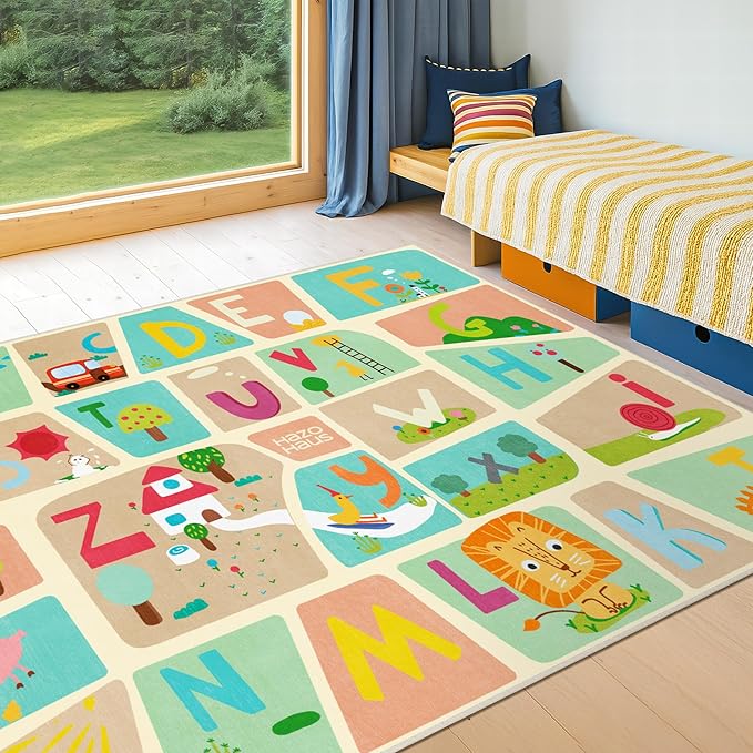 5x7 ABC Alphabet Rug for Preschool Kids – Educational Learning Play Mat for Toddlers, Washable Classroom or Playroom Carpet, Soft & Safe Baby Floor Rug with Fun Letters and Whimsical Art Décor
