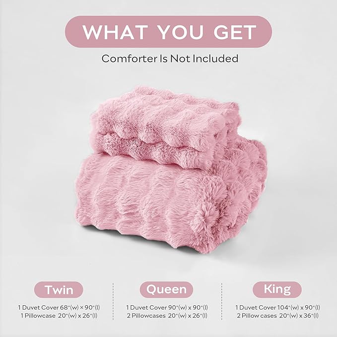 JELLYMONI Plush Duvet Cover Set - Queen Size Pink Faux Fur Comforter Cover 3pcs Bedding Set Luxury Ultra Soft Striped Fluffy Duvet Cover with Zipper and 2 Pillowcases (NO Comforter)