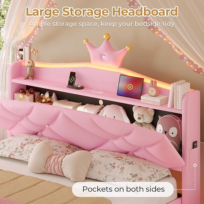 MSmask Full LED Bed Frame with Storage Headboard & 2 Storage Drawers, Princess Upholstered Bed with Charging Station & Crystal Button & Crown, Velvet Platform Bed for Girls, Curved Legs, Pink