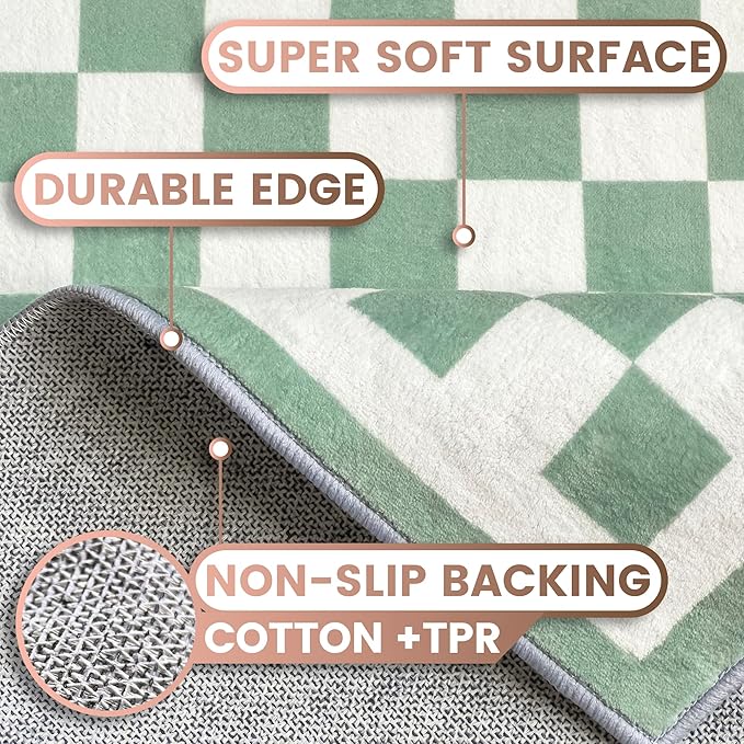 Washable 8x10 Checkered Area Rug for Living Room, Sage Green Checkerboard Modern Boho Large Rugs, Ultra Thin Low Pile Lightweight Indoor Carpet with Non-Slip Backing for Bedroom Kids Nursery Playroom