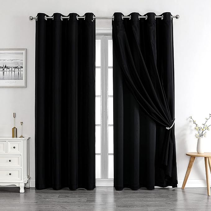 Lotusolution Mix and Match Curtain Set Black Total Blackout Curtains 84 Inches Long with Solid Voile Sheer Drapes for Bedroom and Living Room,Grommet Top,52" W x 84" L