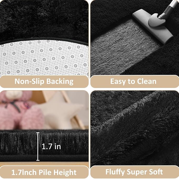 EVOIONOS Black Hexagon Rug, Fluffy Area Rug for Bedroom, 4x4.6 Feet Shag Cute Carpet for Kids Girls Room, Fuzzy Plush Ultra Soft Cozy Non Slipfor Indoor Floor, Shaggy Furry Faux Fur Rug, Dorm