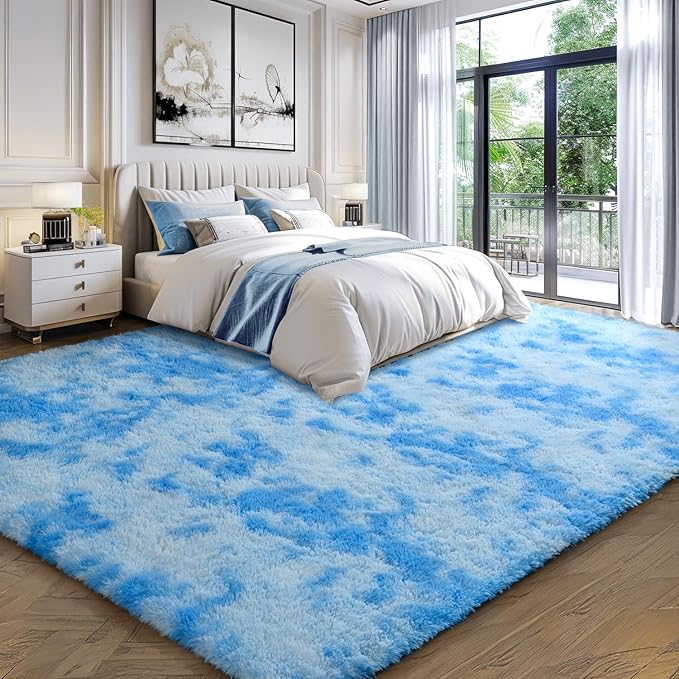 EVOIONOS 5x7 Washable Large Area Rug Living Room, Fluffy Shag Rug Bedroom, Ultra Soft Plush Non Slip Carpet Indoor Floor Bedside Nursery Kids Girls Room Dorm, Home Decor Aesthetic, Tie-Dyed Blue