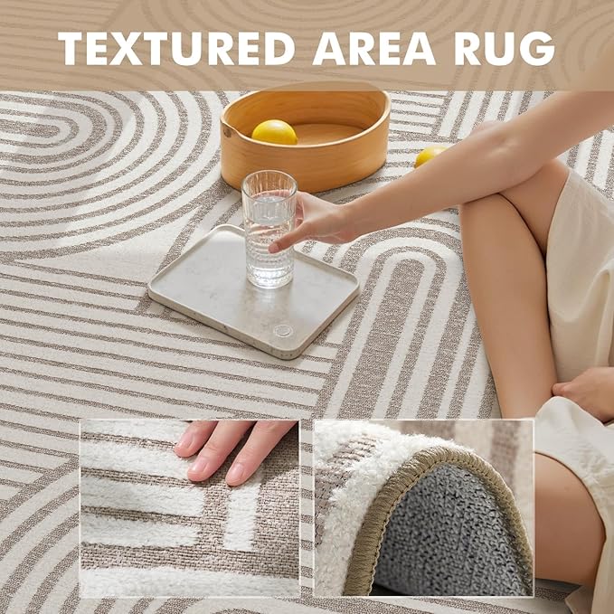 Modern 8x10 Area Rugs Textured Tufted Rugs for Living Room Bedroom Rug-Carpet Cream Ivory Washable Neutral Geometric Moroccan Boho Rug