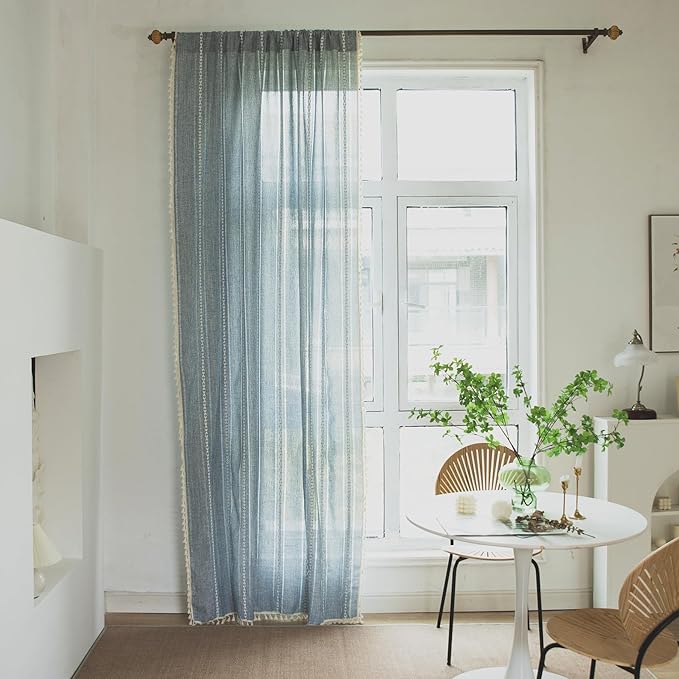 Deeprove Blue Boho Curtains 96 Inches Long for Bedroom Living Room Kitchen, Bohemian Chic Textured Embroidery, Vintage Handmade Tassels Farmhouse Decor Drapery, Rod Pocket, 1 Panel W52 x L96