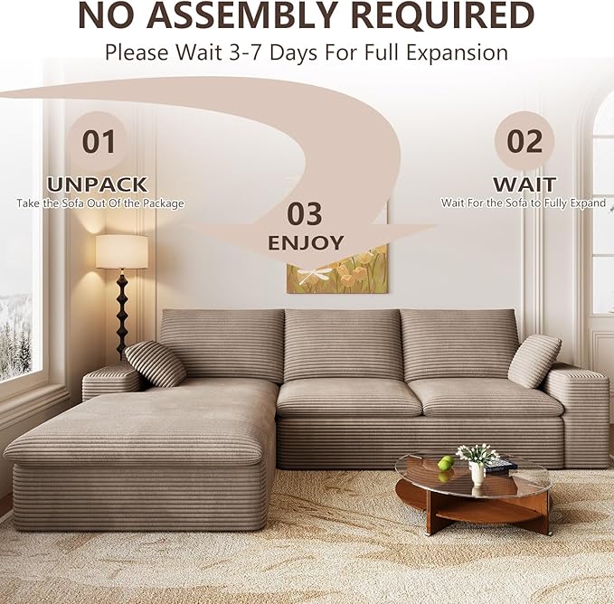 107 Inch Cloud Sectional Couch, Modern Modular Sectional Sofa with Deep Seat, Corduroy Boneless Couches with L-Shape Chaise for Living Room Bedroom, No Assembly Required (Camel, Left Facing Chaise)