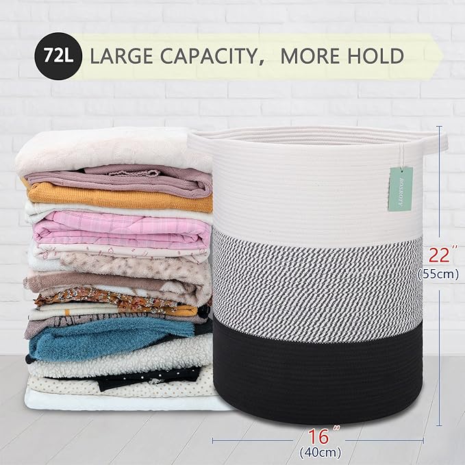 BOSROTY Large Laundry Hamper for Girls Boys Kids 72L, Nursery Hamper, Tall Laundry Basket, Cotton Rope Woven Blanket Basket for Storage Toys Clothes Towels, 16”x 22”, White & Gray & Black