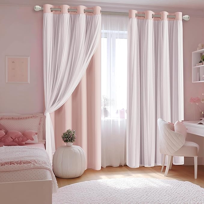 DWCN Layered Curtains Blackout and Sheer Curtains with Tiebacks Grommet Top Window Curtain Panels for Living Room, Girls Bedroom, Nursery, 52" x 84", Rose Blush, 2 Pieces