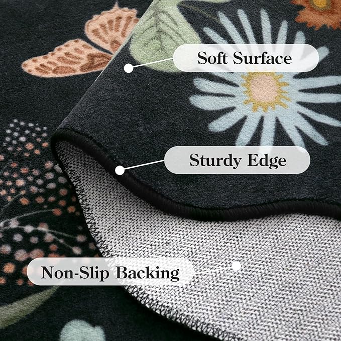 Lahome Floral Kitchen Runner, 2X6 Washable Runner Rug Non Slip Ultra-Thin, Soft Hallway Rug Stain Resistant Boho Small Low-Pile Carpet for ‎Laundry Bathroom Bedroom(2x6ft,Black/Grey)