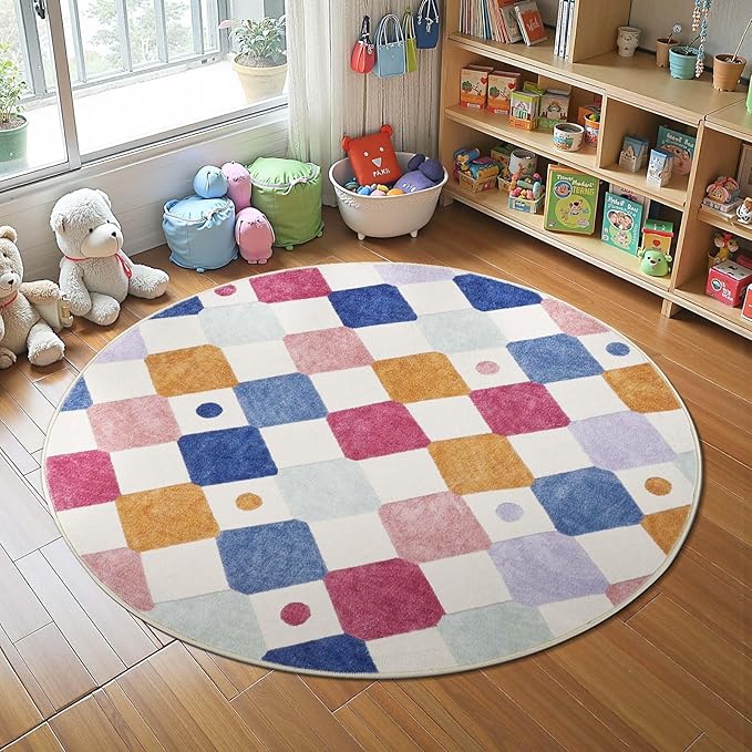 jinchan Macy Round Rug 5ft Kids Washable Rug Indoor Floor Cover Non-Slip Soft Elementary School Classroom Modern Colorful Diamond Carpet for Nursery Daycare Playroom Living Room Berries on Cream