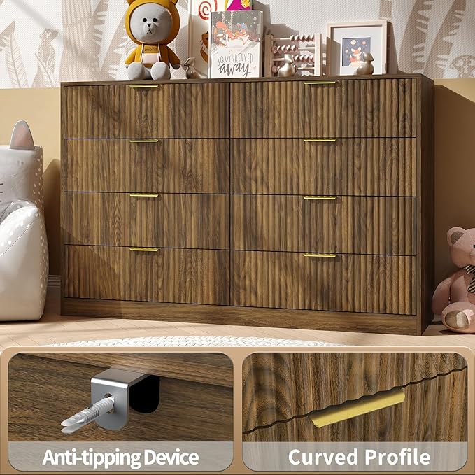 Fluted 8 Drawer Double Dresser Wood,55” Wide Bedroom Dresser Mid Century Chest of Drawers Wooden with Gold Handle,Dressers TV Stand for Bedroom,Living Room,Walnut