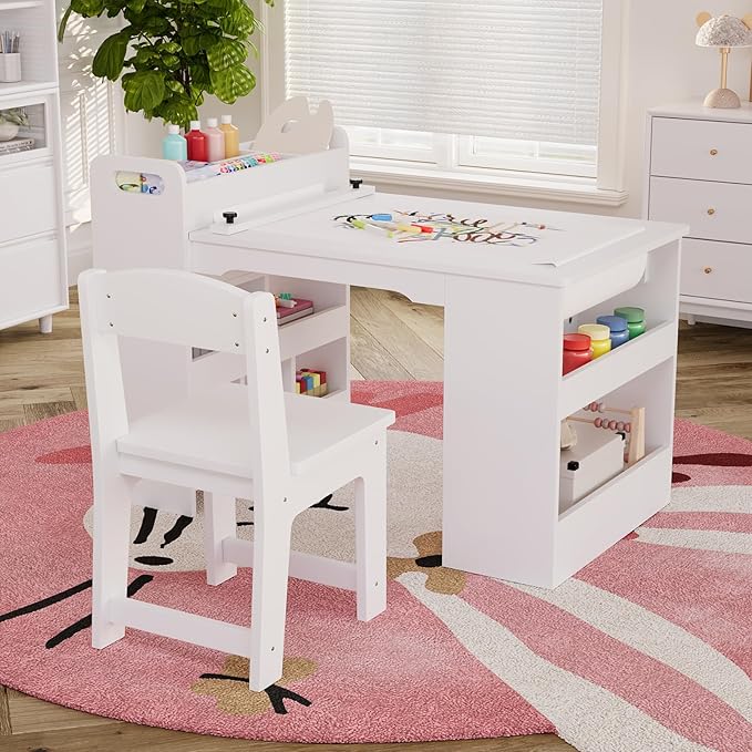 Kids Art Table and 2 Chairs, Craft Table with Large Storage Shelves,Toddler Wooden Drawing Desk Activity & Crafts Children's Wooden Furniture for Classroom Daycares,Home