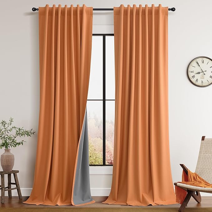 Guken Orange Linen 100% Blackout Curtains for Living Room 120 Inches 2 Panel Sets Long Textured Black Out Thermal Insulated Back Tab Hook Belt Backdrop Patio Curtains for Sliding Door 52x120