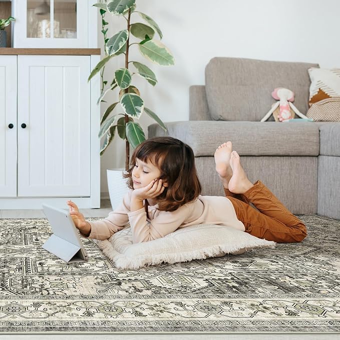 WITSHOCK Living Room Area Rugs 4x6: Washable Rug Boho Soft Non-Slip Low Pile Stain Resistant Foldable Carpet for Bedroom Playroom Dining Room Office Kitchen Farmhouse Home Decor Rug-Brown/Lvory