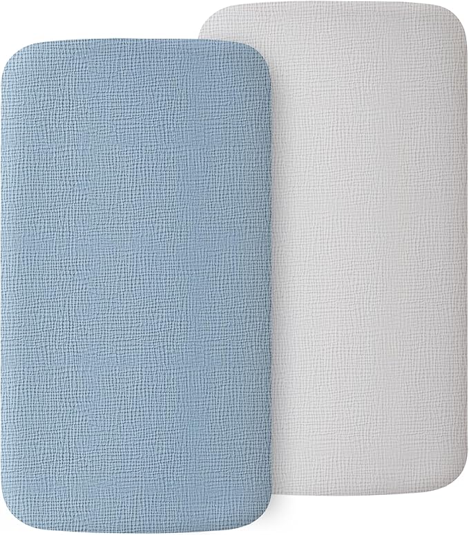 2 Pack Muslin Fitted Bassinet Sheets for Babies, Soft & Breathable 100% Cotton Bedside Sleeper Bassinet Sheet, Moses Basket Oval Rectangle Pad/Mattress