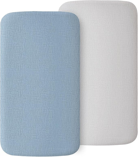 2 Pack Muslin Fitted Bassinet Sheets for Babies, Soft & Breathable 100% Cotton Bedside Sleeper Bassinet Sheet, Moses Basket Oval Rectangle Pad/Mattress