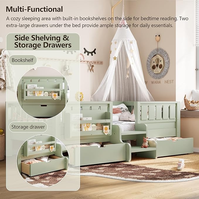 Bellemave Twin Bed with Slats and Stairs, Twin Size Platform Bed Frame with Fence, Bookshelf and Storage Drawers, Easy Assemble Beds for Kids, Girls, Boys, Green