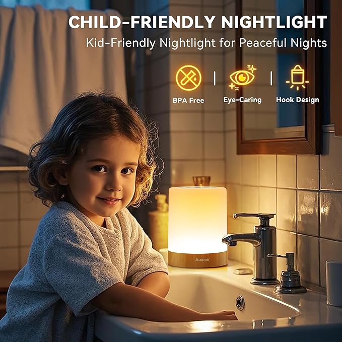 Auxmir Night Light for Kids Baby, Dimmable Touch Lamp for Nursery, 11 RGB Colors 5 Brightness, Portable Rechargeable Table Lamp for Nightstand, Kids Night Light for Bedroom Living Room, Brown-2 Pack