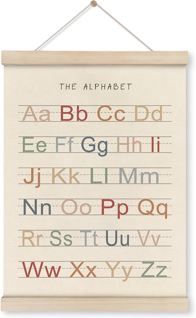 HRQKO Alphabet Poster Hanger Frame, Nursery Wall Decor, Boho ABC Poster Wall Art with Wooden Frames, Alphabet Banner Wall Hanging Decor for Toddler Playroom, 12x16 Inch