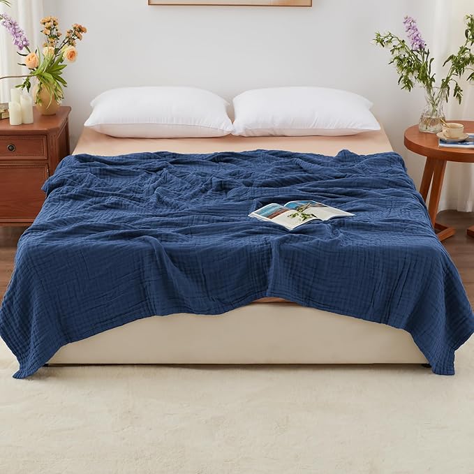 Love's cabin 6 Layer 100% Cotton Muslin Blanket, 90"x90" Muslin Blanket Queen for Couch Bed, Lightweight and Breathable Cotton Gauze for Adult, Dark Blue
