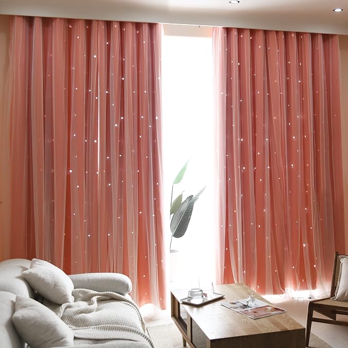 Kinryb Princess Curtains for Girls Bedroom with Sheer Overlay,Double Layer Curtain for Living Room with Star Cutout, Curtains for Kids Room (70 W*84 L Inches,2 Pcs Coral)