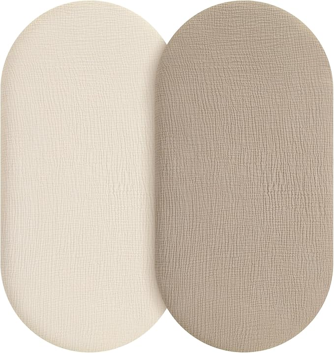 Muslin Bassinet Sheets Boy Girl, 100% Cotton Fitted Bassinet Sheet Set 2 Pack Bassinet Mattress Sheets Universal Fit for Rectangle, Round, Oval, Hourglass Mattress, Soft Breathable