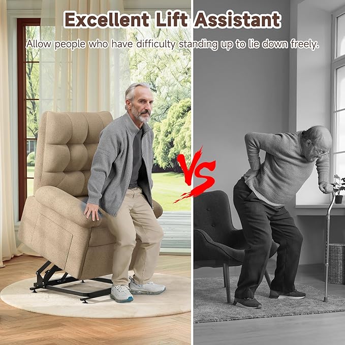Power Recliner Chair for Elderly, Lift Chairs Triple Motor with Infinite Position, Seniors Electric Stand Assist, Single Sofa with Side Pockets for Living Room, Beige-Brown
