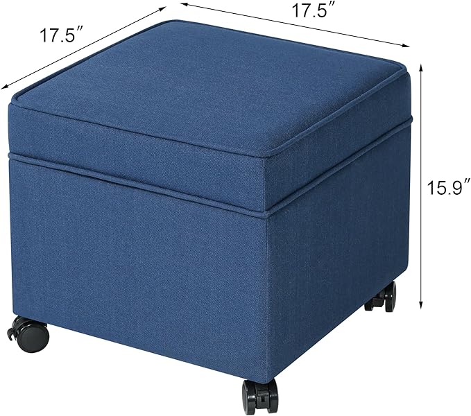 Adeco 17.5" Navy Blue Square Fabric Ottoman with Storage, Upholstered Cotton Linen Foot Rest, Flip Top Footstool, Small Cube Coffee Table Extra Seat for Living Room, Bedroom
