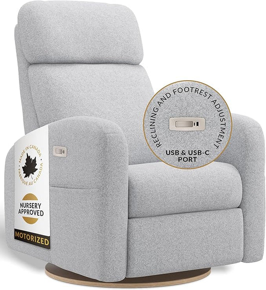 Jaymar Hailey Modern Nursery Glider Recliner Chair (Motorized) – Cozy Nursing Chair with 180° Swivel for New Parents, High Back & Low Armrests, Adjustable headrest, Canadian Made (Arlo Heather Grey)
