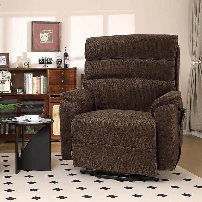 DYNOX 500lbs Big Man Lift Chair, Extra Large Wide Oversized Tri-Motor Power Lift Recliner for Elderly with Heat & Massage (9398, Chenille, Brown)